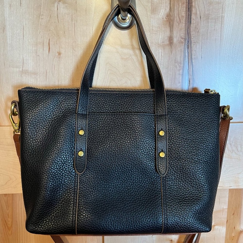 FOSSIL Jenna Satchel Crossbody Bag Black Brown Pebble Leather Adj Strap